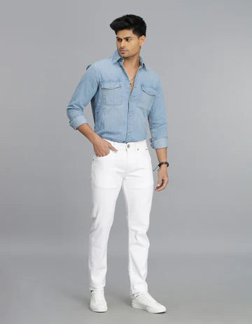 ROOKIES Men's White 5 Pocket Mid-Rise Slim Straight Fit Jeans