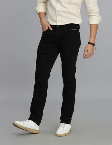 Black 5 Pocket Mid-Rise Slim Straight Fit Jeans