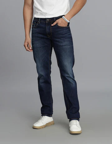 ROOKIES Men's Dk Blue 5 Pocket Mid-Rise Slim Straight Fit Jeans