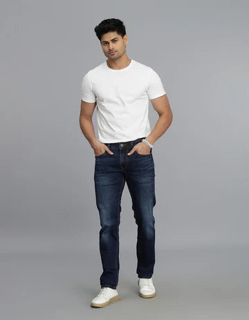ROOKIES Men's Dk Blue 5 Pocket Mid-Rise Slim Straight Fit Jeans
