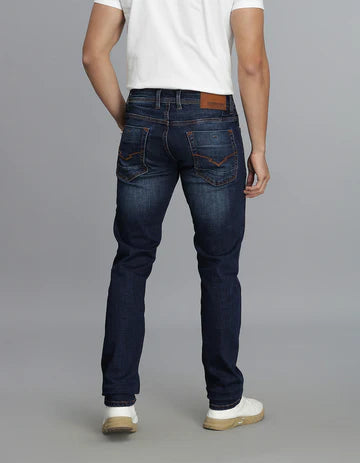 ROOKIES Men's Dk Blue 5 Pocket Mid-Rise Slim Straight Fit Jeans