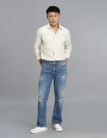 Med Blue 5 Pocket Mid Rise Loose Boot Leg Cropped Jeans