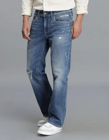 Med Blue 5 Pocket Mid Rise Loose Boot Leg Cropped Jeans