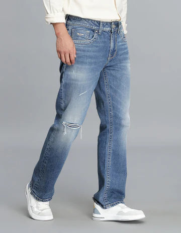 Med Blue 5 Pocket Mid Rise Loose Boot Leg Cropped Jeans