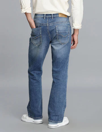 Med Blue 5 Pocket Mid Rise Loose Boot Leg Cropped Jeans