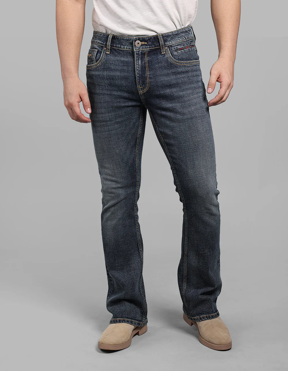 ROOKIES Med Blue Mid Rise Loose Boot Leg Stretch Jeans