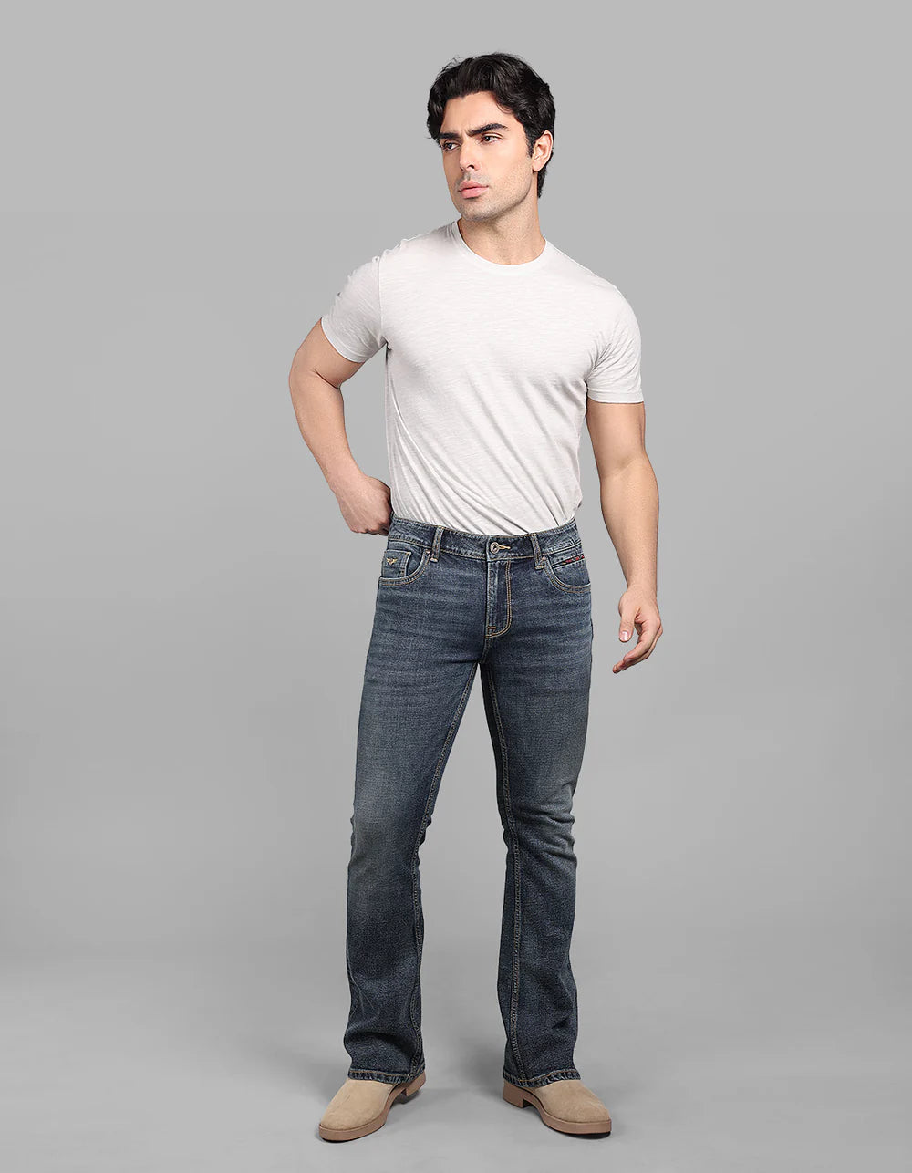 ROOKIES Med Blue Mid Rise Loose Boot Leg Stretch Jeans