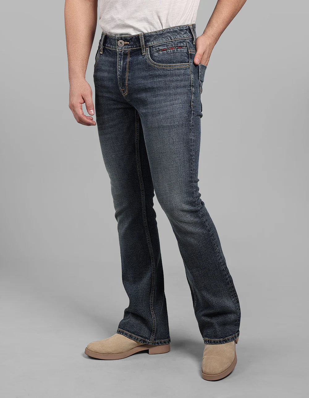 ROOKIES Med Blue Mid Rise Loose Boot Leg Stretch Jeans