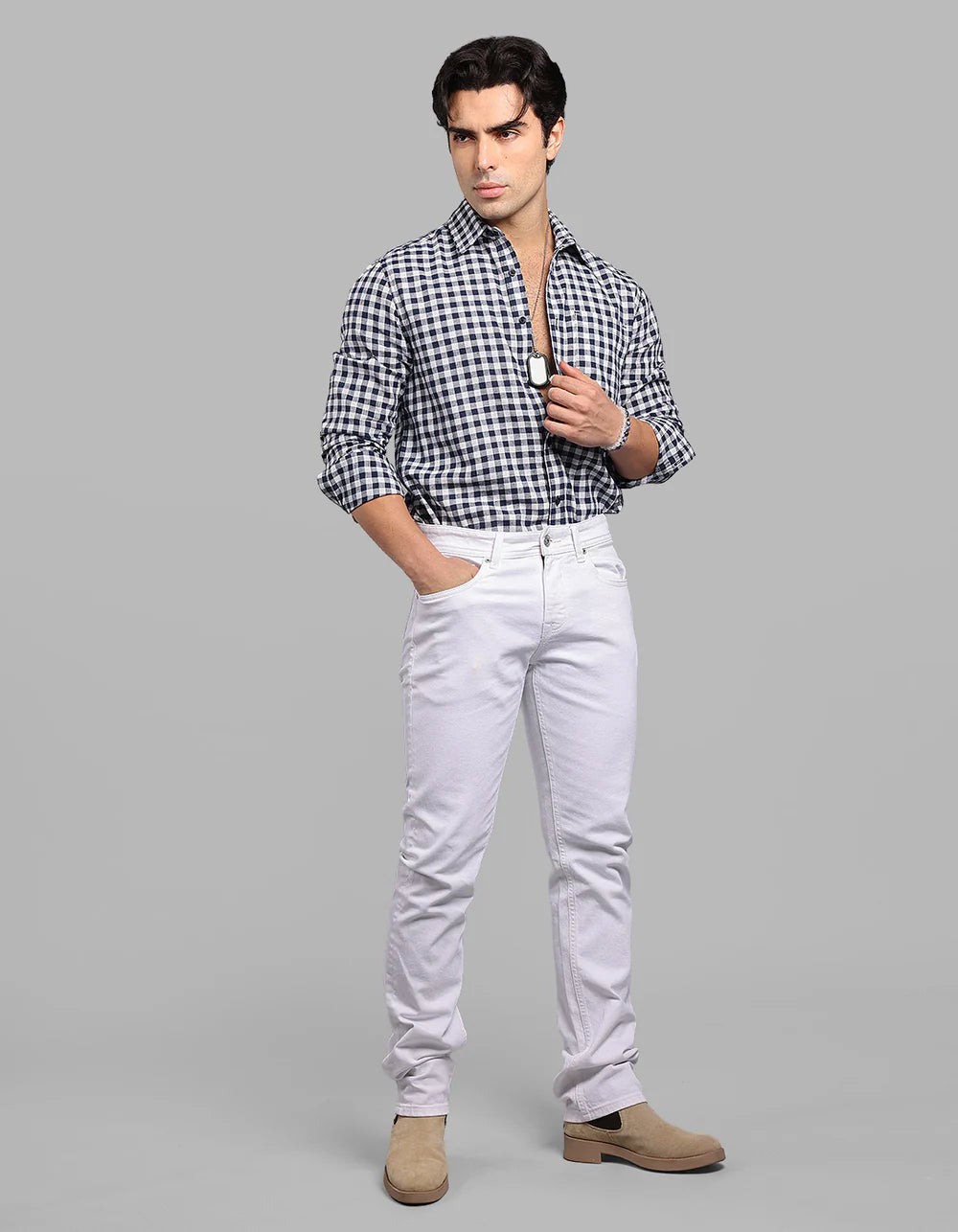 ROOKIES White Mid-Rise Slim Straight Fit Stretch Jeans