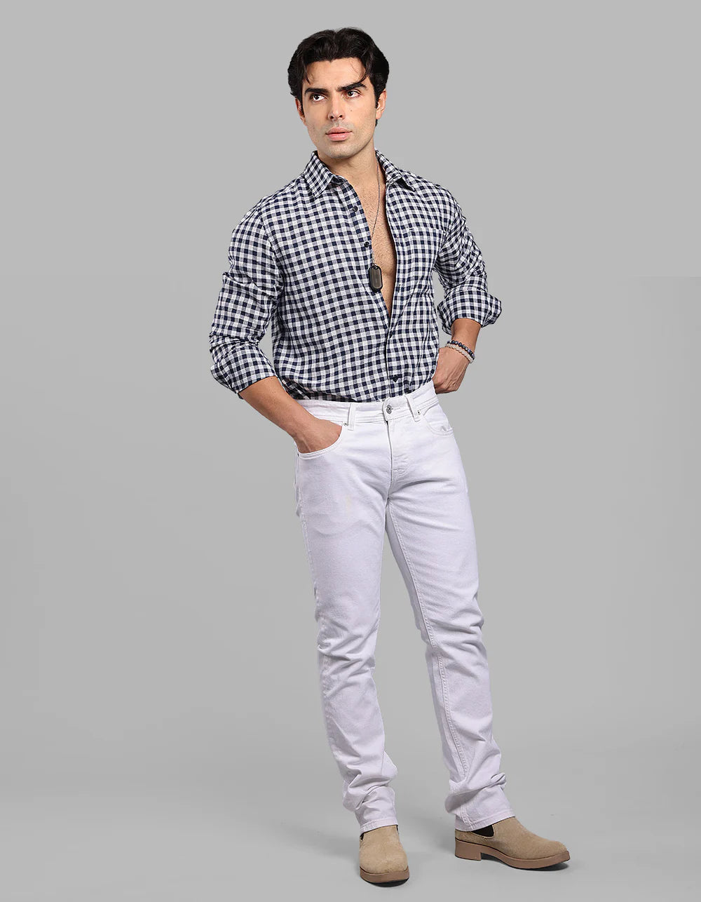 ROOKIES White Mid-Rise Slim Straight Fit Stretch Jeans