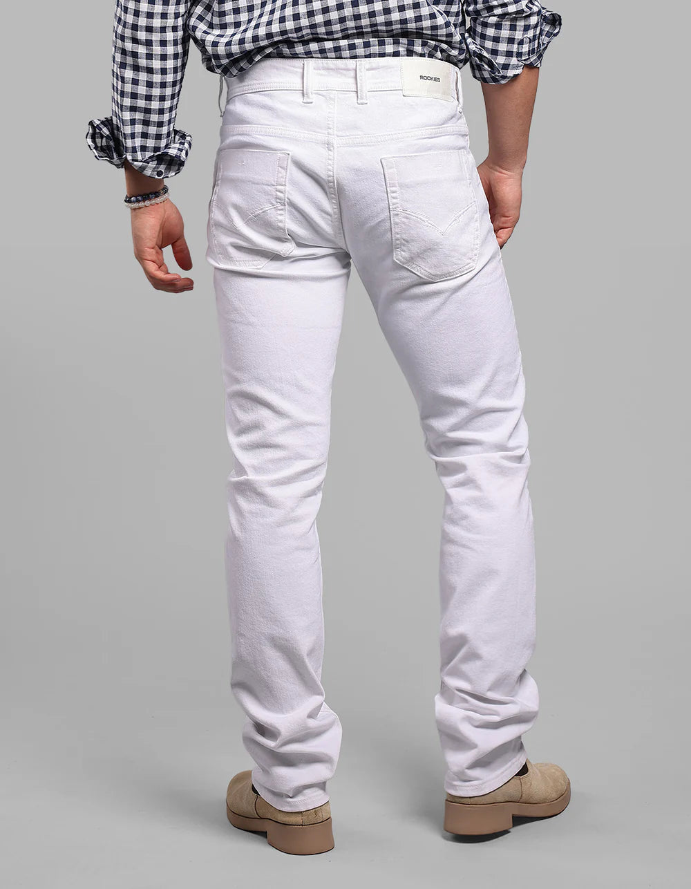 ROOKIES White Mid-Rise Slim Straight Fit Stretch Jeans