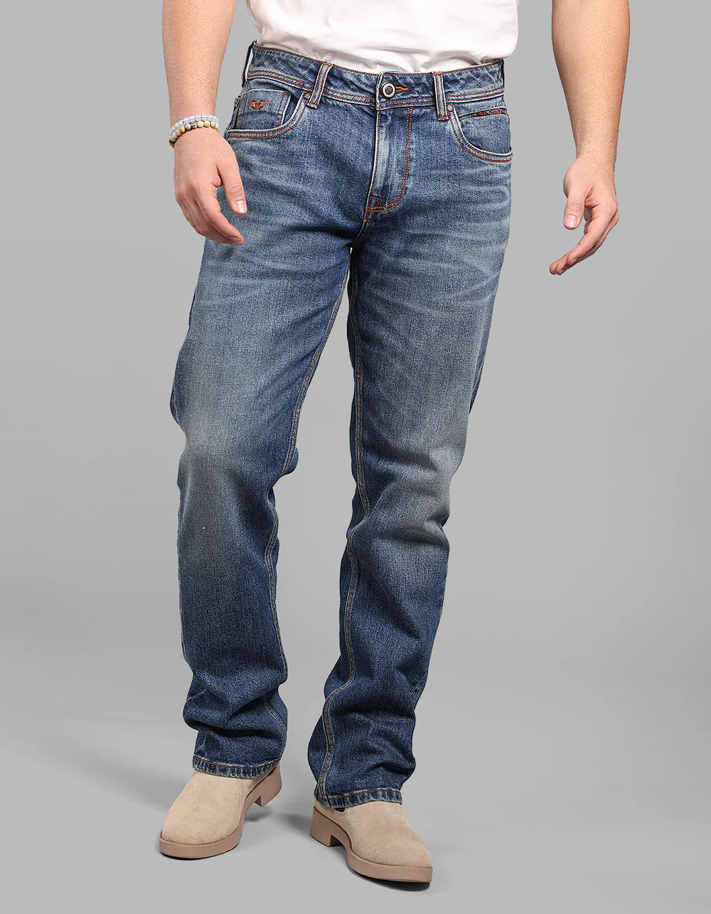 ROOKIES Med Blue Midrise, Comfort And Straight Fit Stretch Jeans