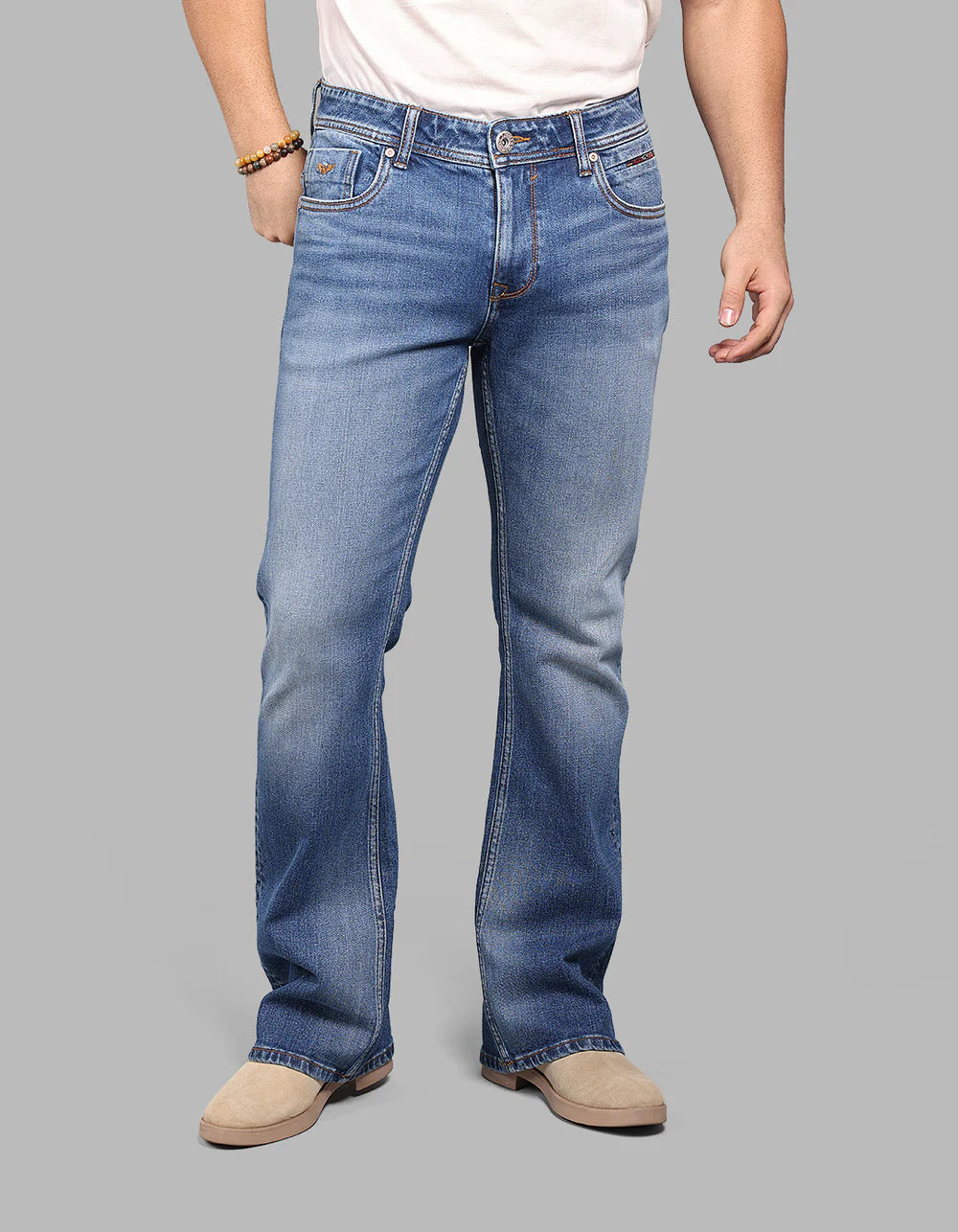 ROOKIES Med Blue Mid Rise Loose Boot Leg Stretch Jeans