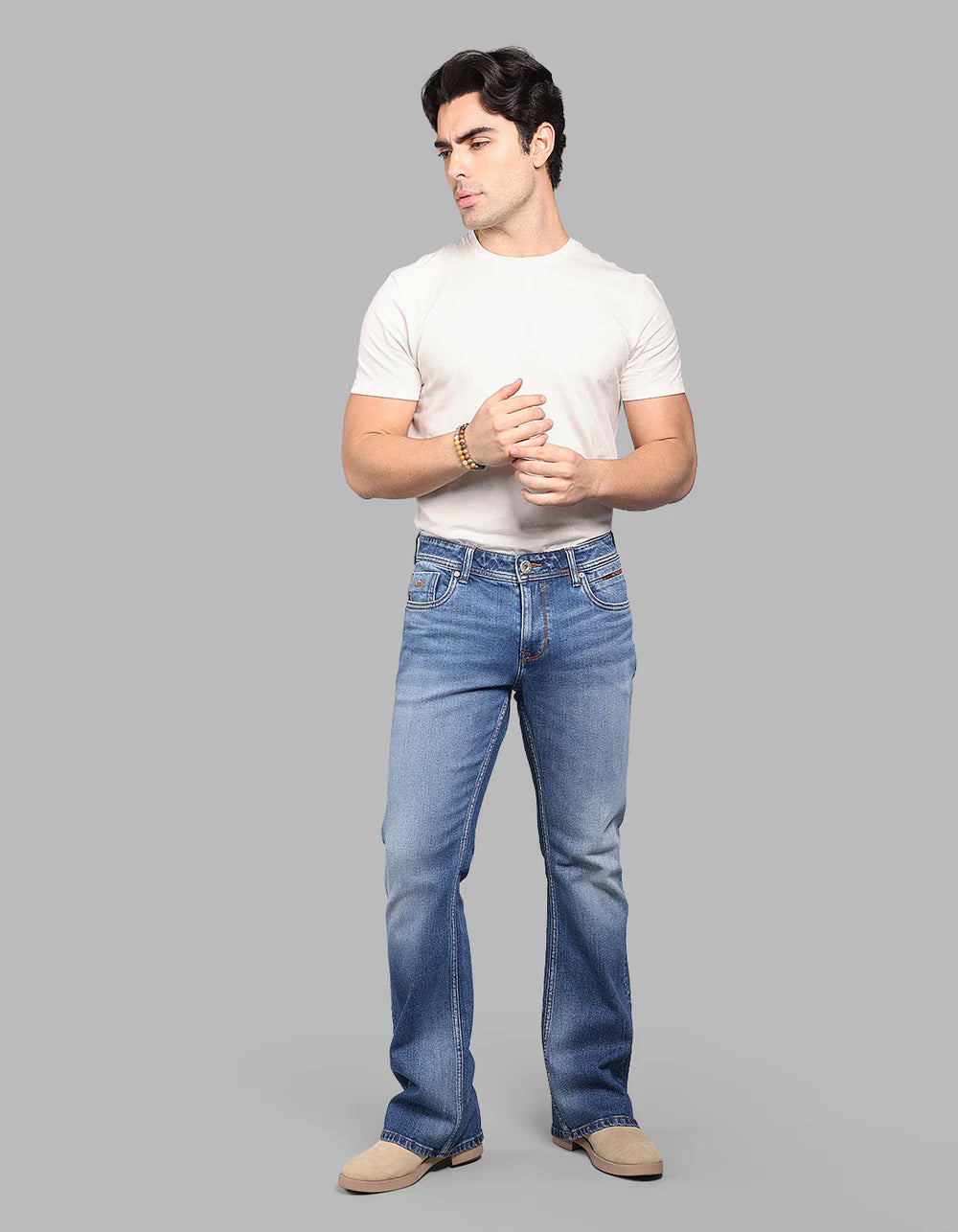 ROOKIES Med Blue Mid Rise Loose Boot Leg Stretch Jeans