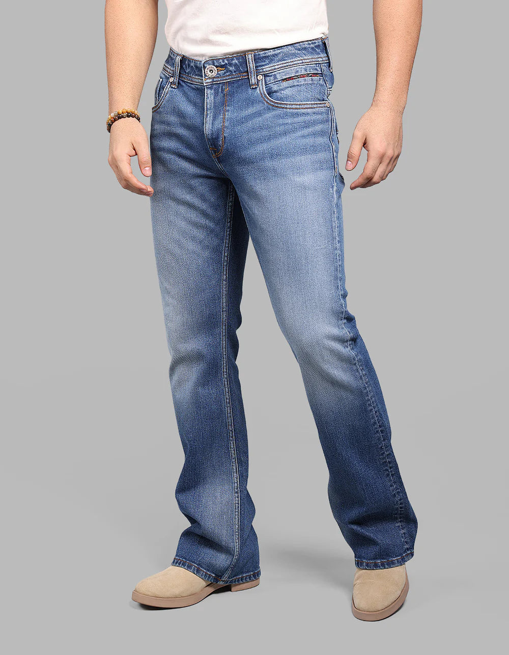 ROOKIES Med Blue Mid Rise Loose Boot Leg Stretch Jeans