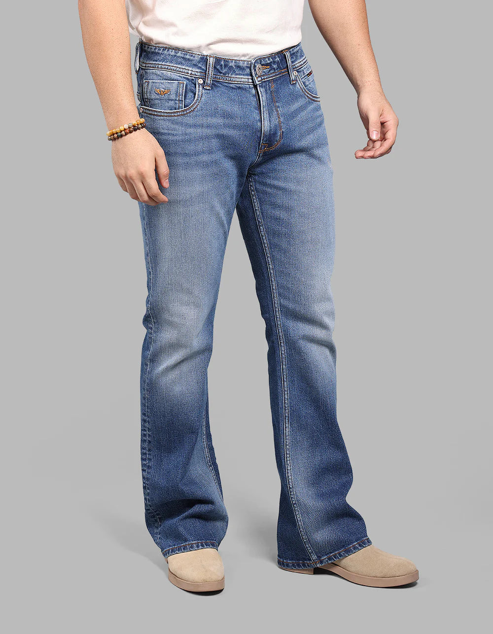 ROOKIES Med Blue Mid Rise Loose Boot Leg Stretch Jeans