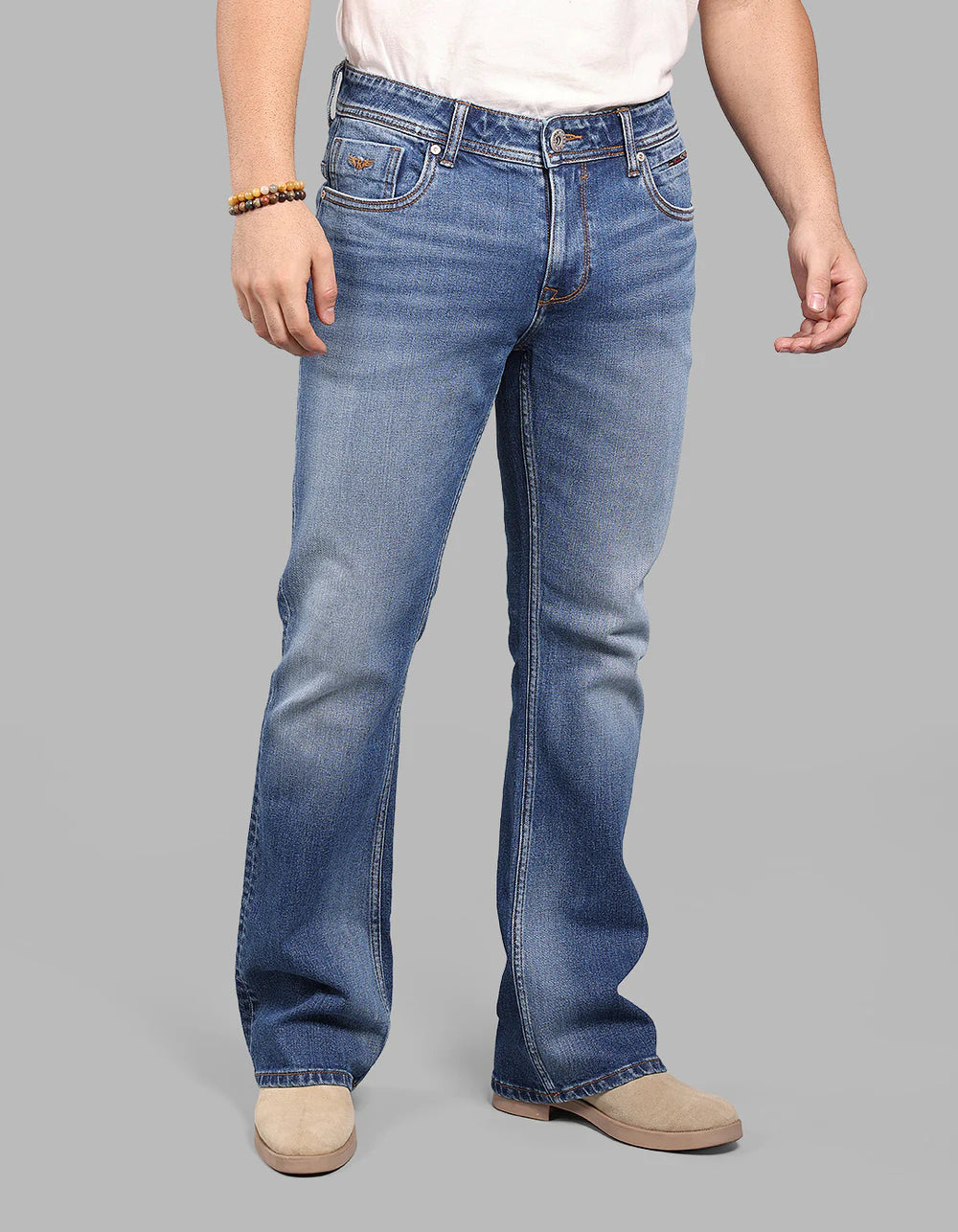 ROOKIES Med Blue Mid Rise Loose Boot Leg Stretch Jeans