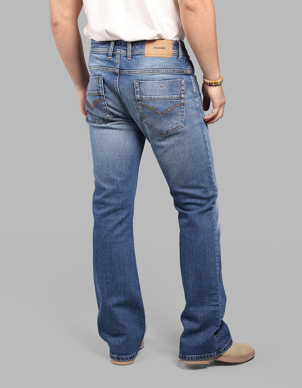 ROOKIES Med Blue Mid Rise Loose Boot Leg Stretch Jeans