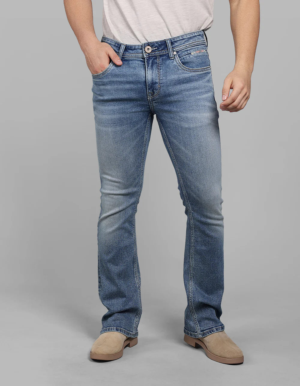 ROOKIES Med Blue Mid Rise Loose Boot Leg Stretch Jeans
