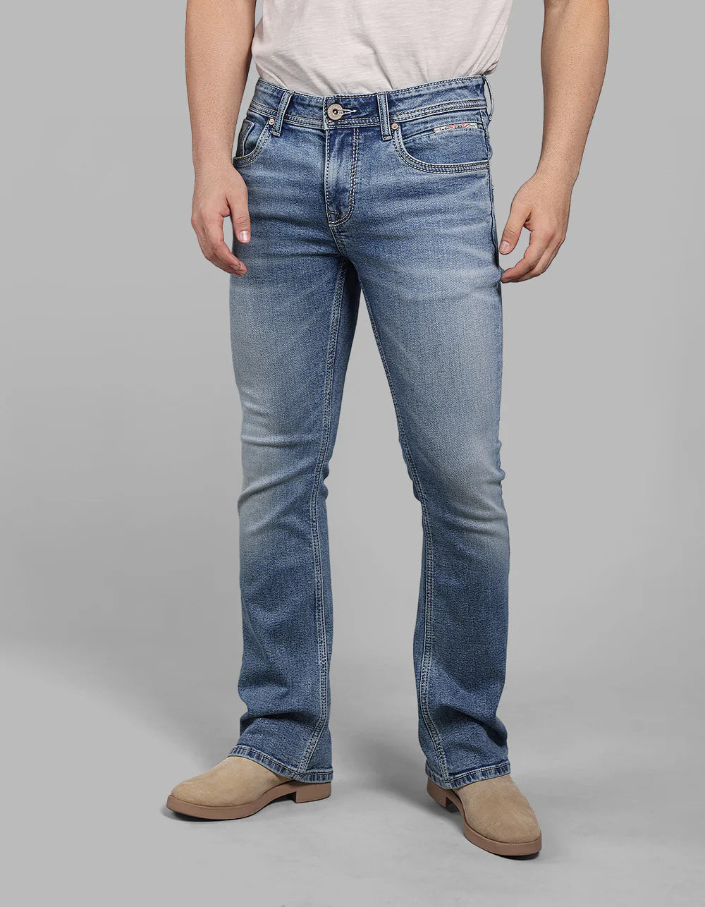 ROOKIES Med Blue Mid Rise Loose Boot Leg Stretch Jeans