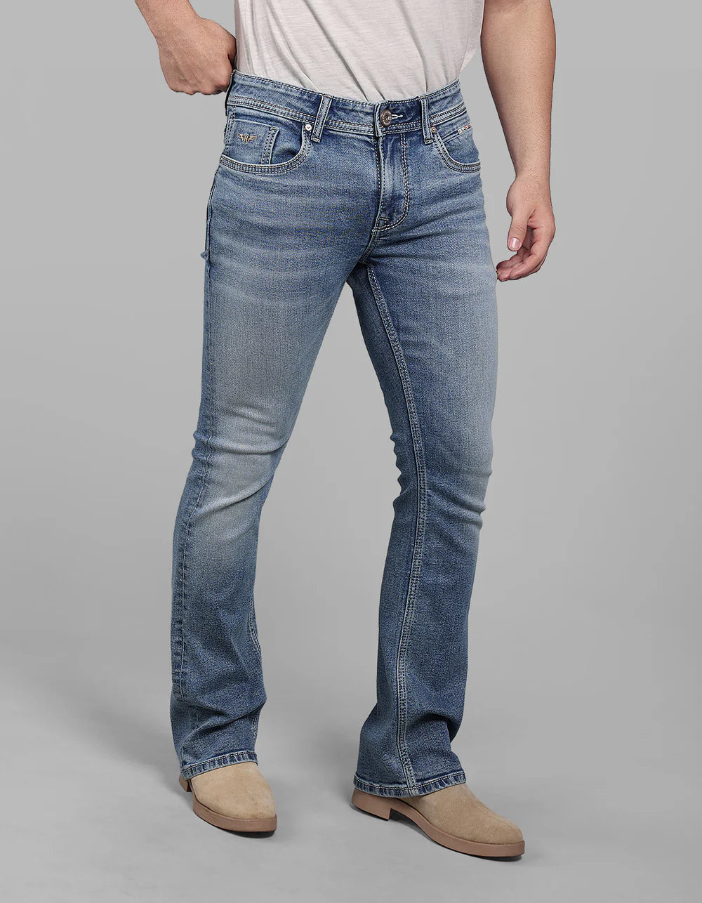 ROOKIES Med Blue Mid Rise Loose Boot Leg Stretch Jeans