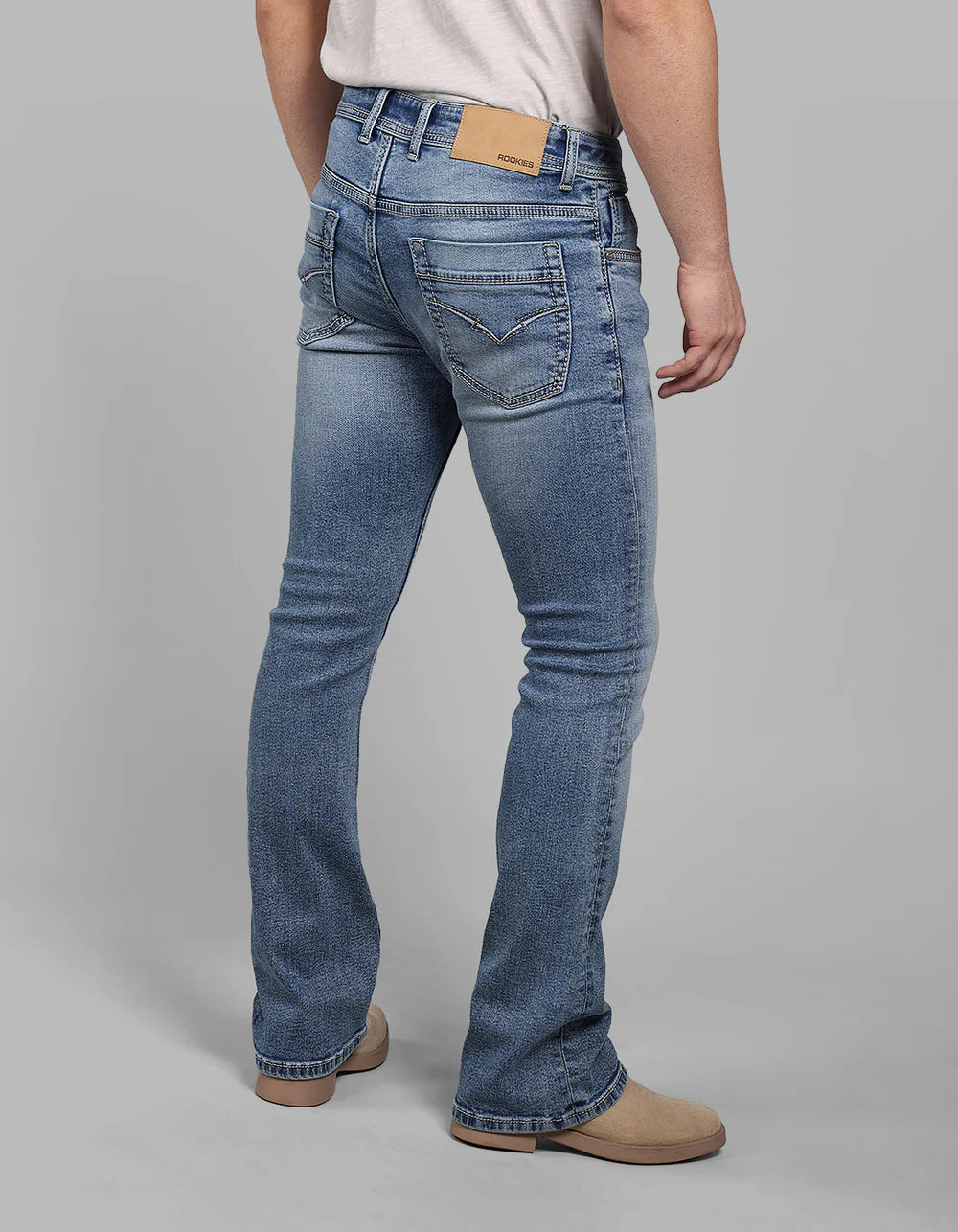 ROOKIES Med Blue Mid Rise Loose Boot Leg Stretch Jeans