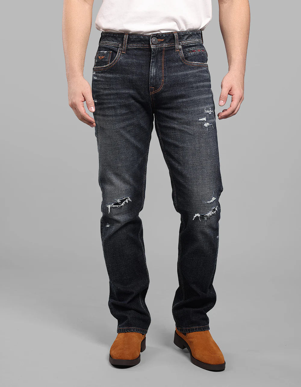ROOKIES Dark Blue Midrise, Comfort And Straight Fit Stretch Jeans