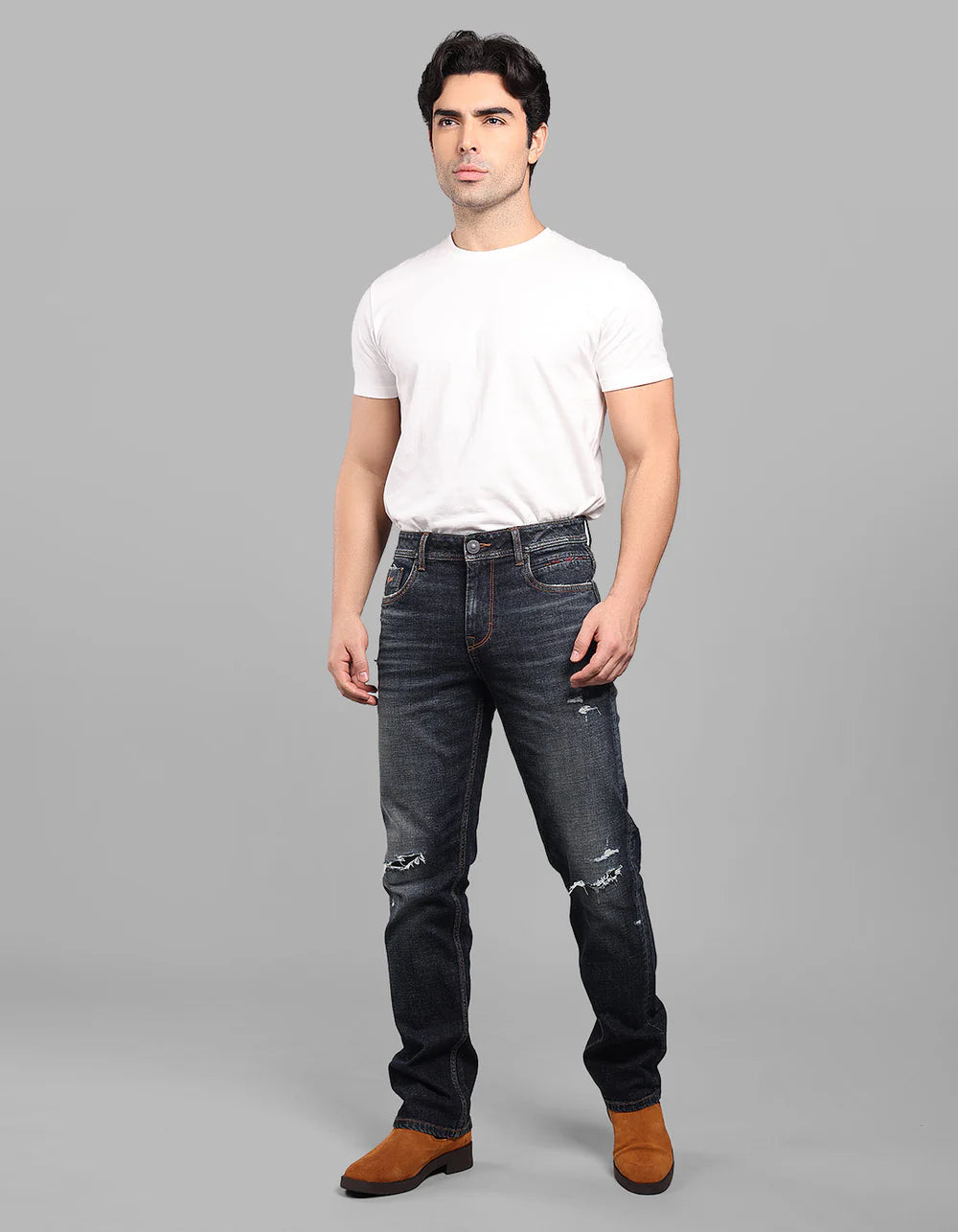 ROOKIES Dark Blue Midrise, Comfort And Straight Fit Stretch Jeans