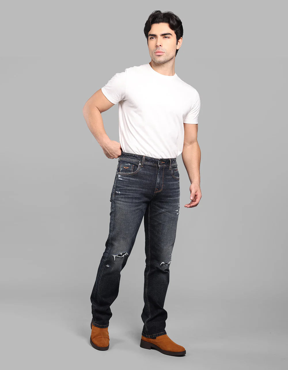 ROOKIES Dark Blue Midrise, Comfort And Straight Fit Stretch Jeans