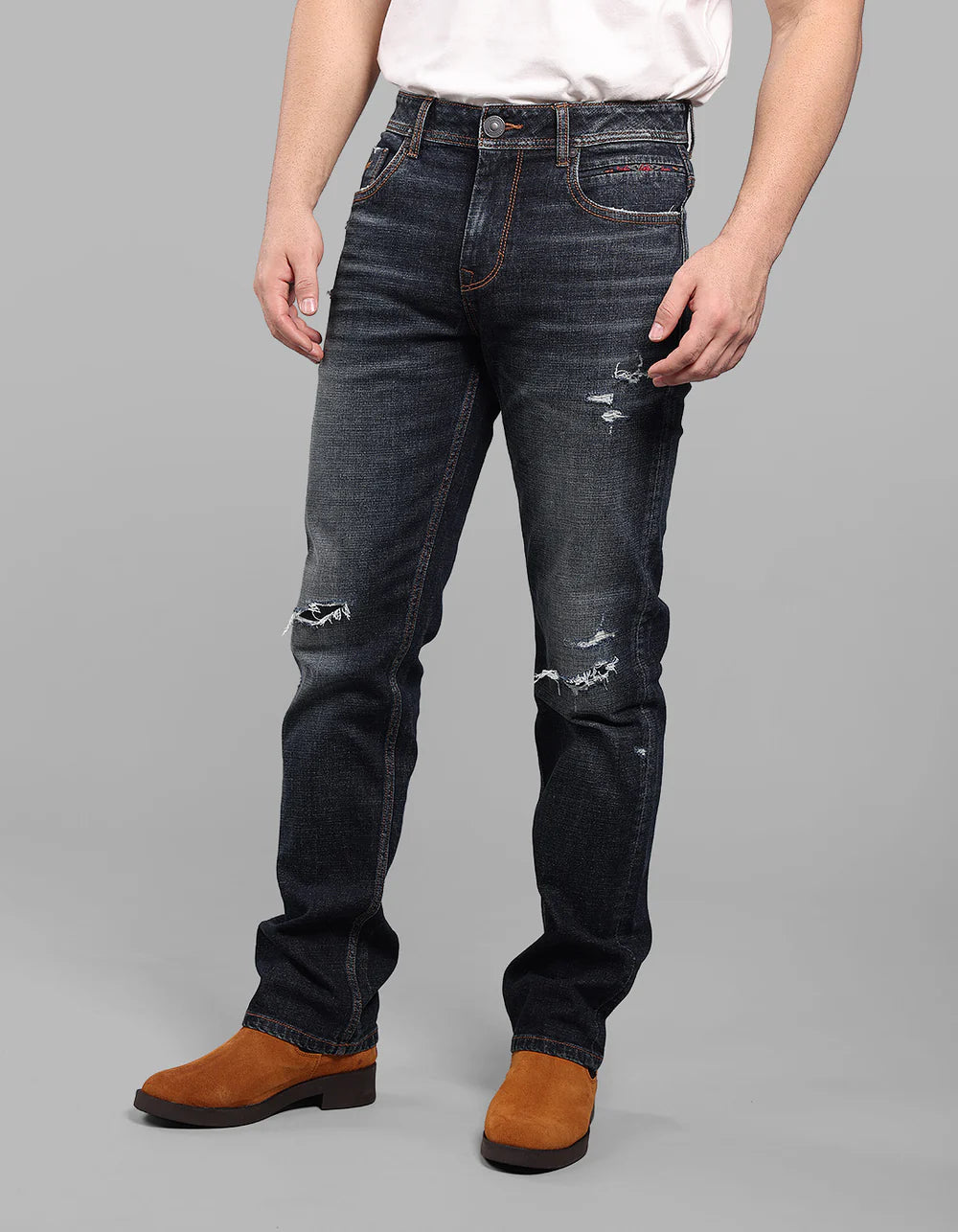 ROOKIES Dark Blue Midrise, Comfort And Straight Fit Stretch Jeans