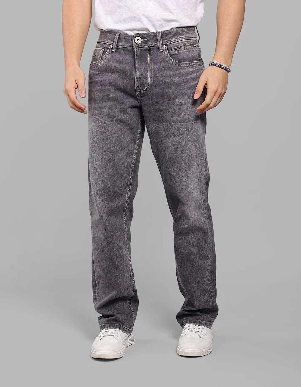 ROOKIES Med Grey Midrise, Comfort And Straight Crop Length Stretch Jeans