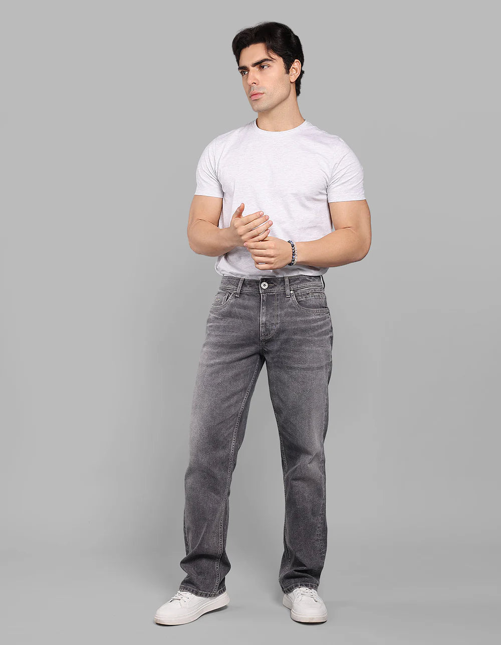 ROOKIES Med Grey Midrise, Comfort And Straight Crop Length Stretch Jeans