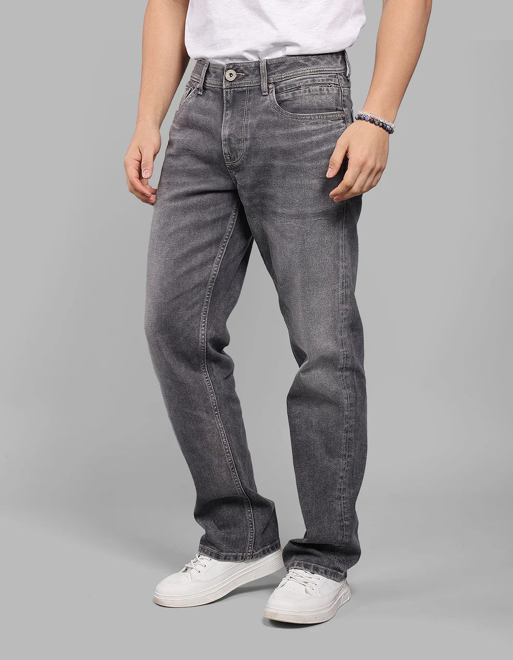 ROOKIES Med Grey Midrise, Comfort And Straight Crop Length Stretch Jeans