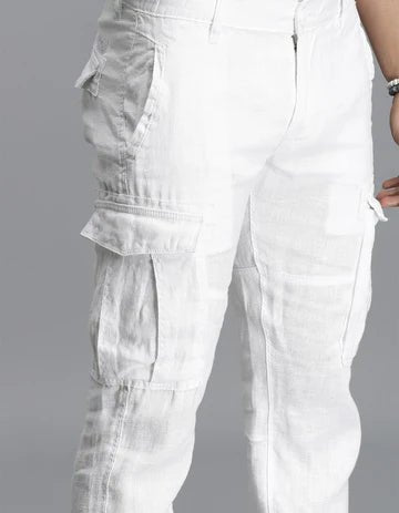 ROOKIES Men's White Linen Cargo Pant