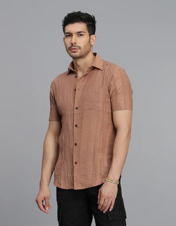 ROOKIES Men's Lt Brown Half Sleeves Textured Dobby Shirt