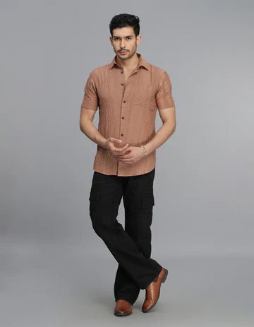 ROOKIES Men's Lt Brown Half Sleeves Textured Dobby Shirt