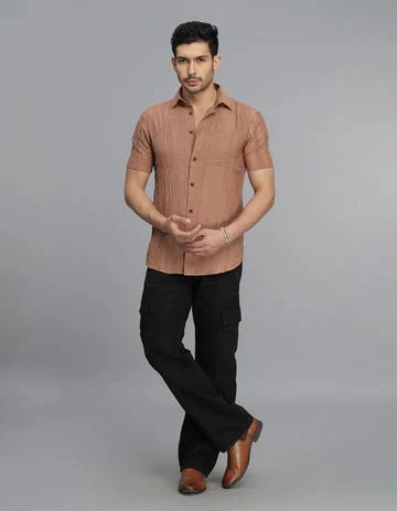 ROOKIES Men's Lt Brown Half Sleeves Textured Dobby Shirt