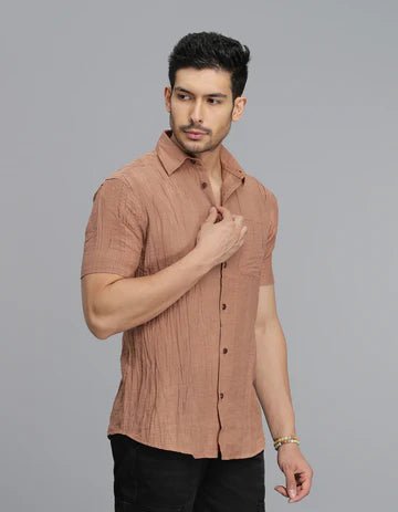 ROOKIES Men's Lt Brown Half Sleeves Textured Dobby Shirt