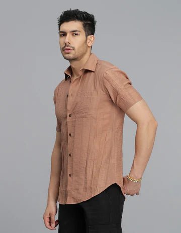 ROOKIES Men's Lt Brown Half Sleeves Textured Dobby Shirt