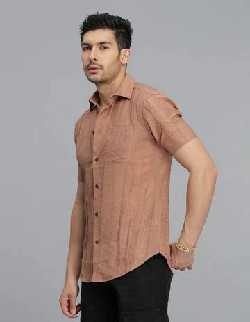 ROOKIES Men's Lt Brown Half Sleeves Textured Dobby Shirt