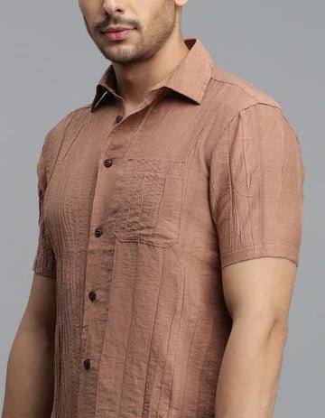 ROOKIES Men's Lt Brown Half Sleeves Textured Dobby Shirt