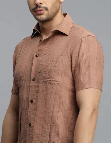 ROOKIES Men's Lt Brown Half Sleeves Textured Dobby Shirt