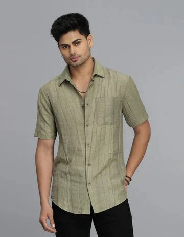 ROOKIES Men's Dk Beige Half Sleeves Textured Dobby Shirt