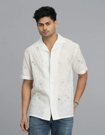 Off White Half Sleeves Textured Dobby Shirt