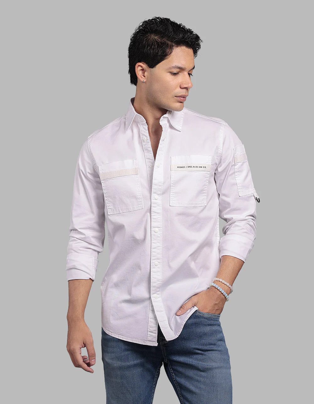 ROOKIES Optic White Full Sleeve Stretch Cargo Shirt