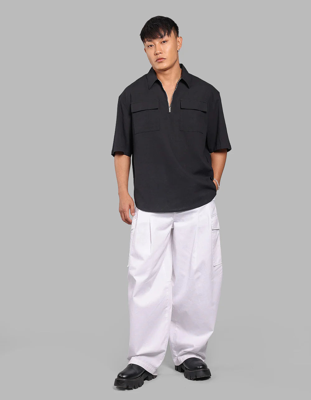 ROOKIES Black 100% Cotton Half Sleeve Oversized Solid Shirt