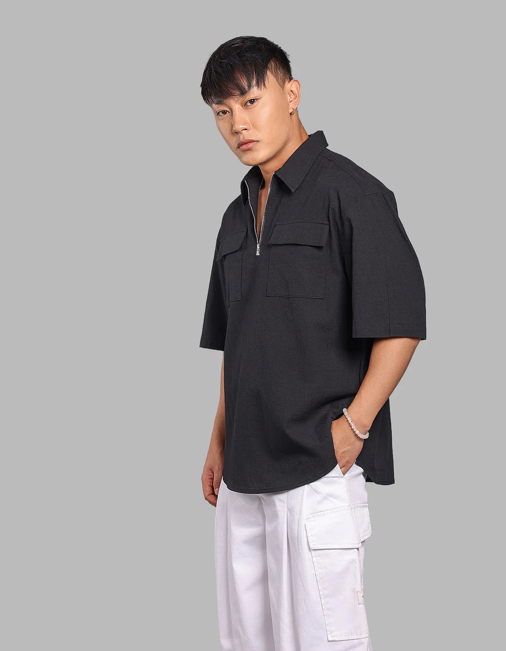 ROOKIES Black 100% Cotton Half Sleeve Oversized Solid Shirt
