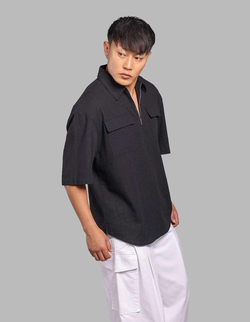 ROOKIES Black 100% Cotton Half Sleeve Oversized Solid Shirt