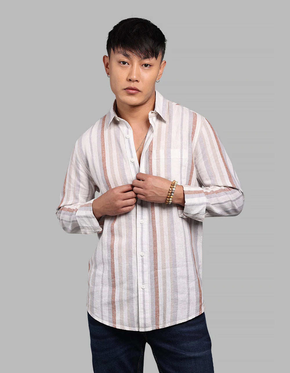 ROOKIES Off White Grey Full Sleeve Linen Blend Stripe Shirt