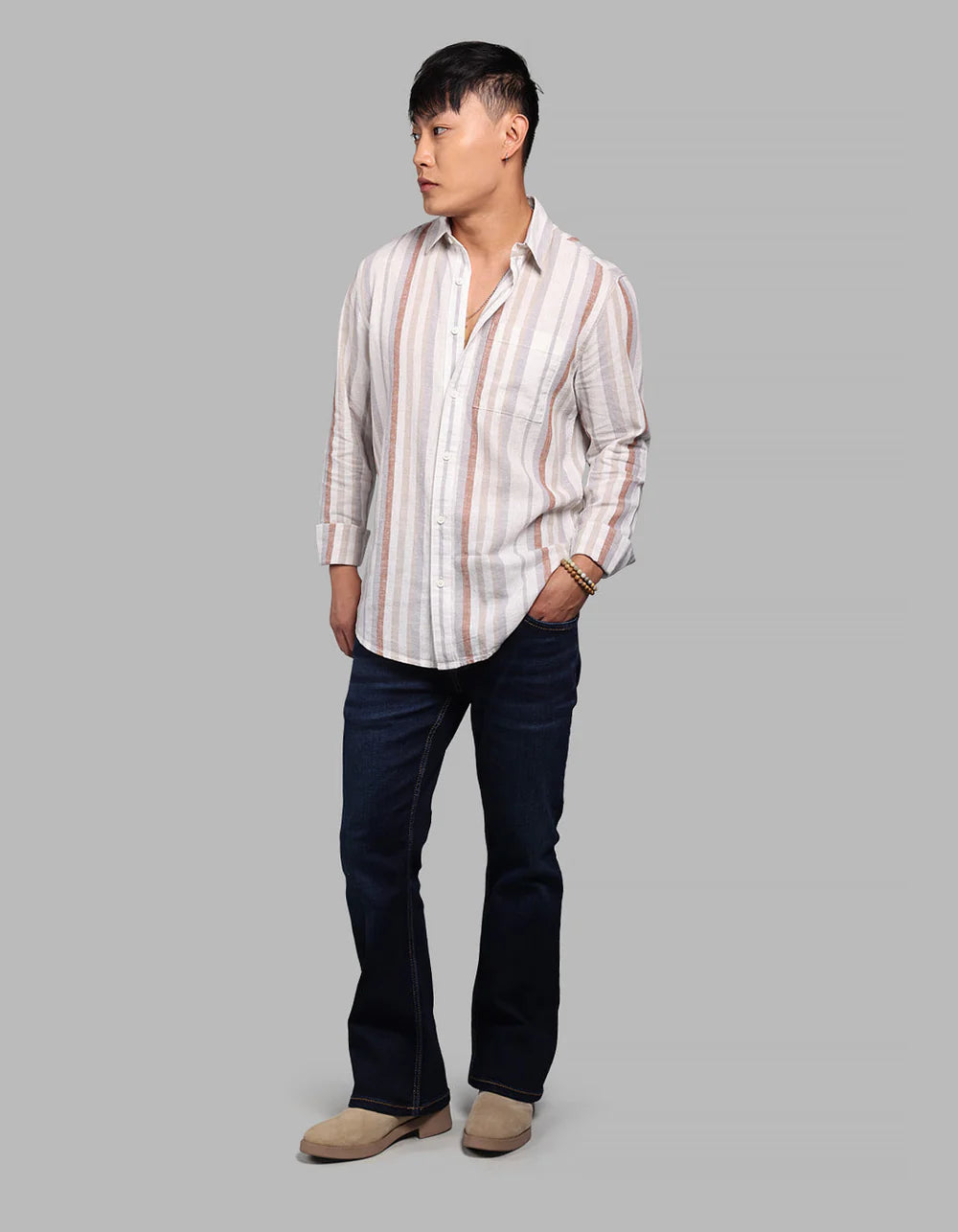 ROOKIES Off White Grey Full Sleeve Linen Blend Stripe Shirt